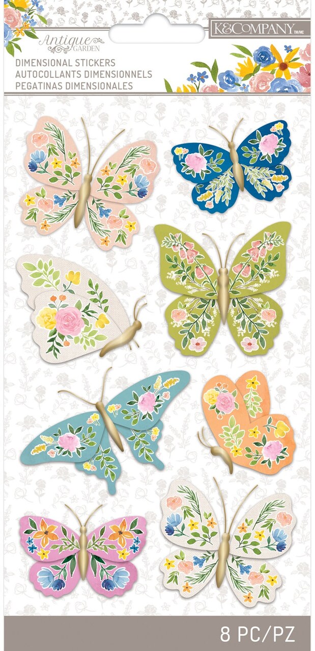 K&Company Antique Garden Dimensional Stickers - Fabric Butterfly, 8pcs